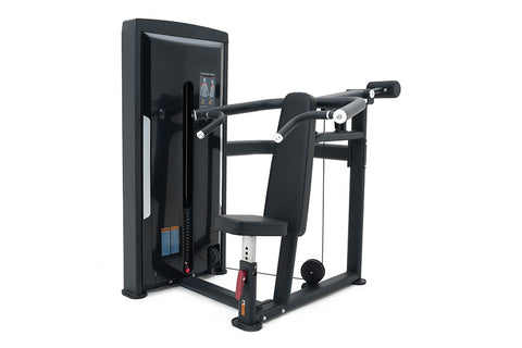 Black commercial shoulder press machine with padded seat and handles, digital display screen, on white background
