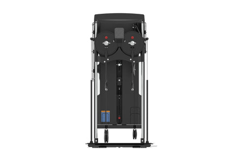 Black commercial multi-flight training machine with dual stations, metal frame, and weight stack on white background