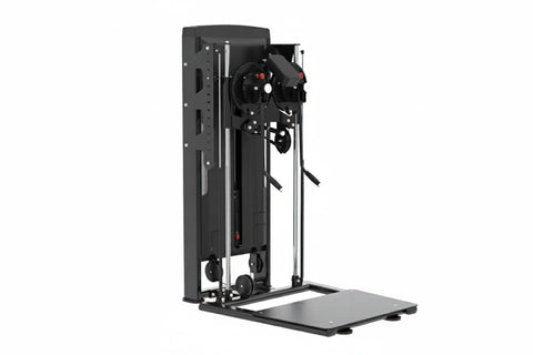 Black commercial multi-flight training machine with dual stations, metal frame, and weight stack on white background