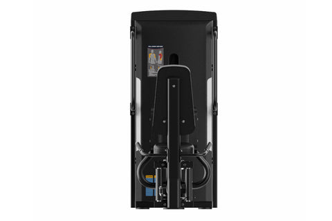 Black commercial leg abduction machine with padded seat and backrest, metal frame, and footplate on white background