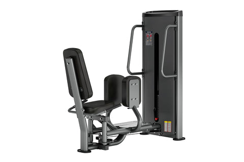Warrior Deluxe Commercial Series leg abduction machine with black padded seat and gray metal frame on white background