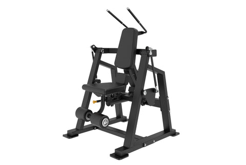 Black commercial abdominal crunch machine with padded seat and backrest, leg press footplate, and dual handles on white backg
