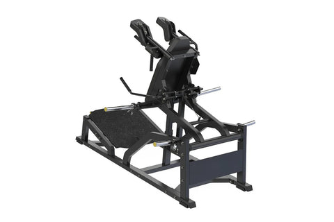 Black and silver V-squat machine with adjustable leg platform, backrest, and phone holder on white background