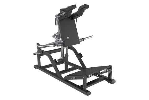 Black and silver V-squat machine with adjustable leg platform, backrest, and phone holder on white background