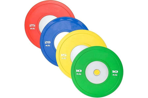 Green 25-pound urethane bumper plate with stainless steel center ring on white background