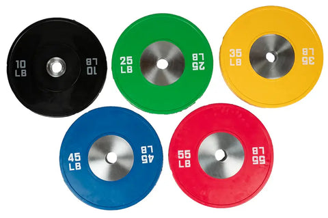 Set of five weight plates in black, green, yellow, blue, and red 