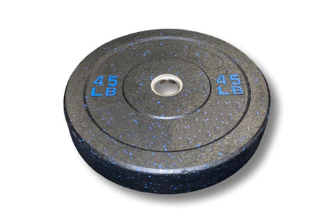 45 lb black bumper plate with blue speckle pattern and silver center ring, flat lay on white background
