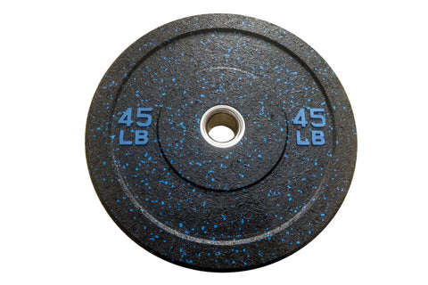 Black bumper plate with blue speckle design, marked 45 LB on both sides, with silver center collar on white background