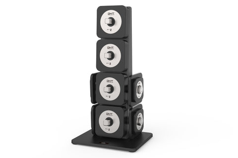 Black and silver Warrior D22.5 adjustable dumbbell set stacked on base stand, flat lay on white background