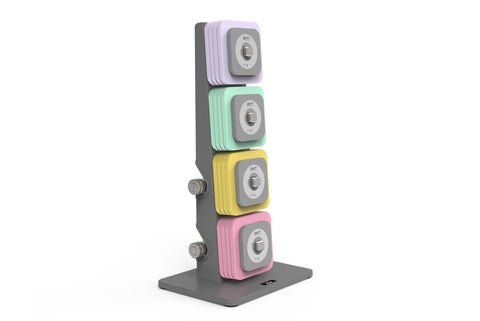 Warrior D22.5 adjustable dumbbell set with gray tower base and four interchangeable colored weights in lavender, mint green, 