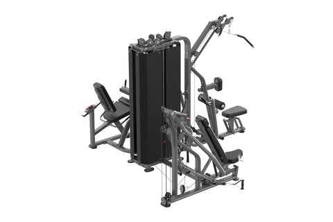 Warrior Deluxe Commercial Series multi-station gym equipment with gray frame, black upholstered seats and back pads, featurin