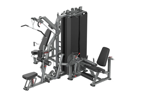 Warrior Deluxe Commercial Series multi-station gym equipment with gray frame, black upholstered seats and back pads, featurin