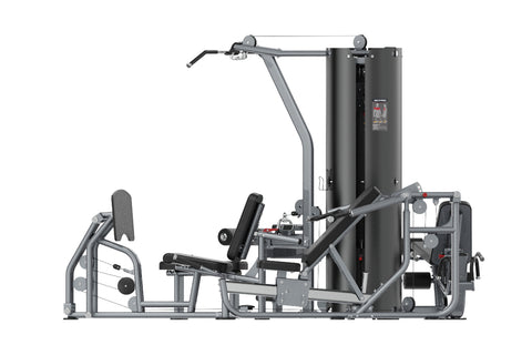 Black and gray multi-station home gym with leg press, chest press, and leg extension equipment on white background