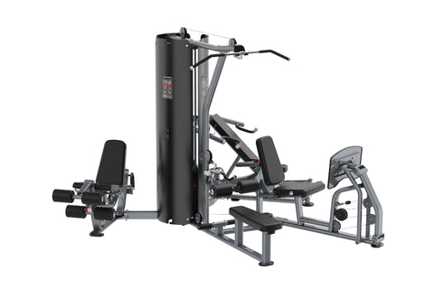 Black and gray multi-station home gym with leg press, chest press, and leg extension equipment on white background