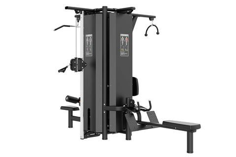 Black and gray four-stack multi-station gym equipment with instruction placards, cable pulleys, leg press, and weight plates 