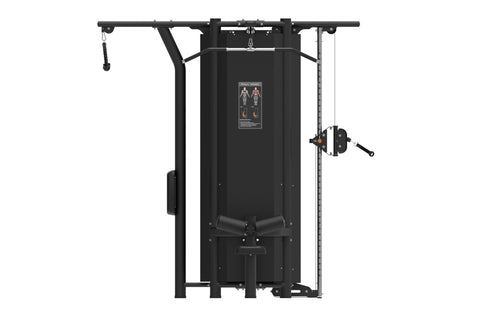 Black and gray four-stack multi-station gym equipment with instruction placards, cable pulleys, leg press, and weight plates 