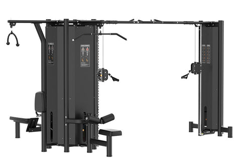 Black multi-station cable gym with five exercise stations, instruction decals, and overhead pull-up bar on white background
