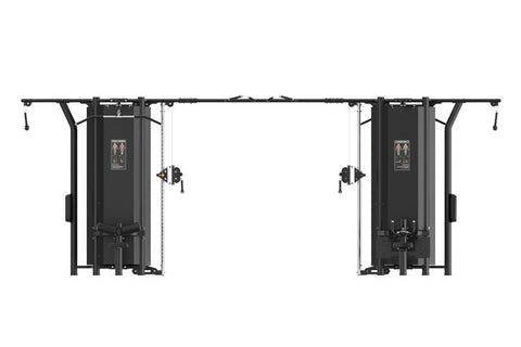 Black multi-station gym equipment with eight exercise stations, cable machines, and pull-down attachments on white background