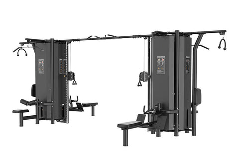 Black multi-station gym equipment with eight exercise stations, cable machines, and pull-down attachments on white background
