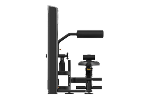 Black and gray commercial abdominal/back extension machine with control panel, padded seat, footrest, and lever arm on white 