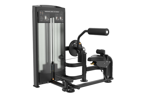 Black and gray commercial abdominal/back extension machine with control panel, padded seat, footrest, and lever arm on white 