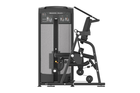 Black commercial abdominal crunch machine with padded seat and backrest, instruction panel, and foot platform on white backgr