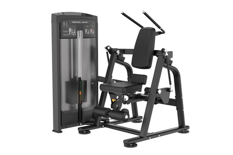 Black commercial abdominal crunch machine with padded seat and backrest, instruction panel, and foot platform on white backgr