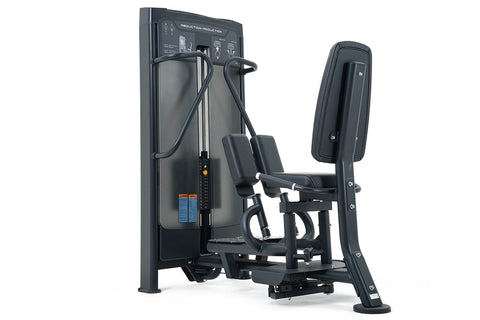 Black commercial abductor/adductor machine with padded seat, leg pads, and control panel on white background