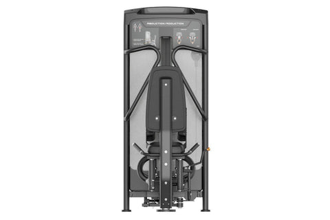 Black commercial abductor/adductor machine with padded seat, leg pads, and control panel on white background