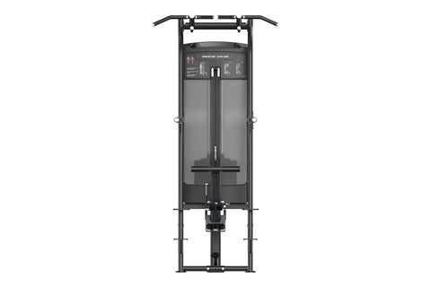 Black commercial assisted chin-dip machine with dual handles, digital display panel, and foot platform on white background
