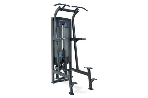 Black commercial assisted chin-dip machine with dual handles, digital display panel, and foot platform on white background
