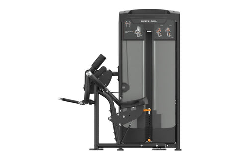 Black and gray commercial biceps curl machine with dual handles, padded seat, and instruction panel on white background