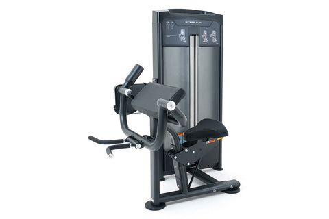 Black and gray commercial biceps curl machine with dual handles, padded seat, and instruction panel on white background