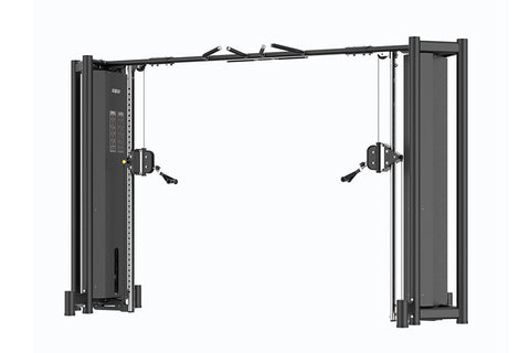 Black commercial dual cable crossover machine with adjustable pulleys and weight stacks on white background