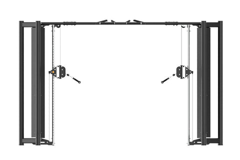 Black commercial dual cable crossover machine with adjustable pulleys and weight stacks on white background