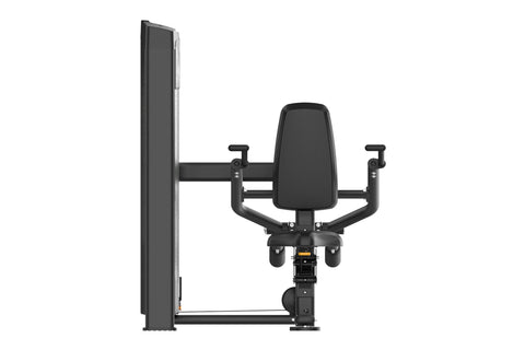 Warrior Elite Commercial Series Dip Press machine with black frame, padded seat, and digital control panel on white backgroun