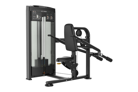 Warrior Elite Commercial Series Dip Press machine with black frame, padded seat, and digital control panel on white backgroun