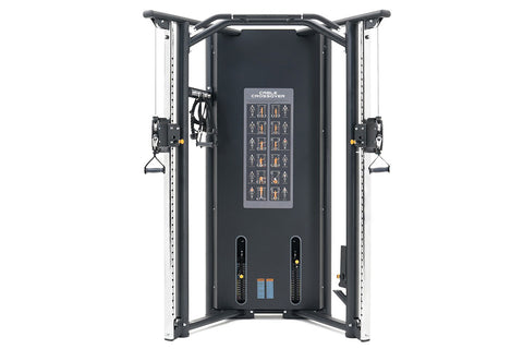 Warrior Elite commercial dual adjustable pulley machine with black frame, chrome uprights, cable crossover system, and exerci