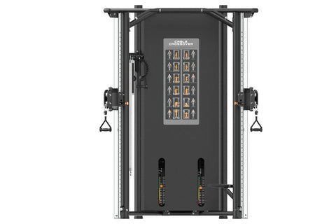 Warrior Elite commercial dual adjustable pulley machine with black frame, chrome uprights, cable crossover system, and exerci