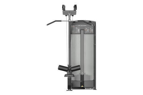 Black commercial lat pulldown machine with dual pulleys, handles, and weight stack on white background