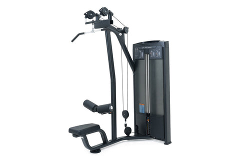 Black commercial lat pulldown machine with dual pulleys, handles, and weight stack on white background