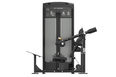 Black commercial hip thruster machine with padded seat, leg extension attachment, and instruction panel on tall frame, on whi