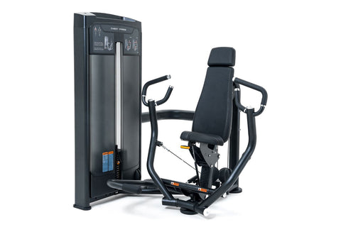 Black Warrior Elite commercial chest press machine with padded seat, dual handles, and instruction display on white backgroun