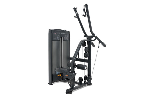 Black Warrior Elite iso-lateral lat pulldown machine with dual arms, weight stack, and cable system on white background
