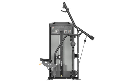 Black Warrior Elite iso-lateral lat pulldown machine with dual arms, weight stack, and cable system on white background