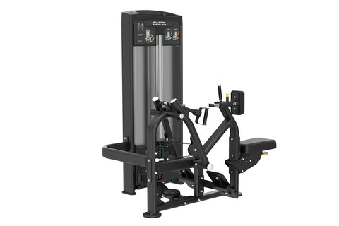 Black iso-lateral seated row machine with gray accents, dual handles, and instruction panel on white background