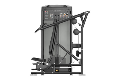 Black iso-lateral seated row machine with gray accents, dual handles, and instruction panel on white background