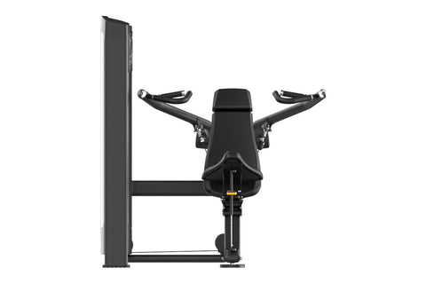 Warrior Elite Commercial Series iso-lateral shoulder press machine with dark gray frame, padded seat, and dual handles on whi