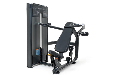 Warrior Elite Commercial Series iso-lateral shoulder press machine with dark gray frame, padded seat, and dual handles on whi
