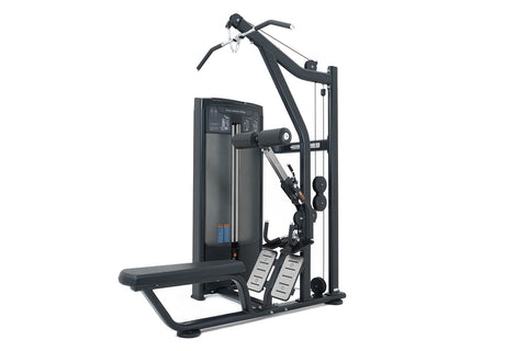 Black and gray commercial lat pulldown and seated row machine with padded seat, dual weight stacks, and adjustable handles on